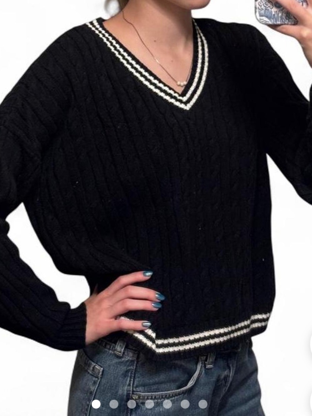 Hollister Black V-Neck Cable Knit Sweater with Cream Trim